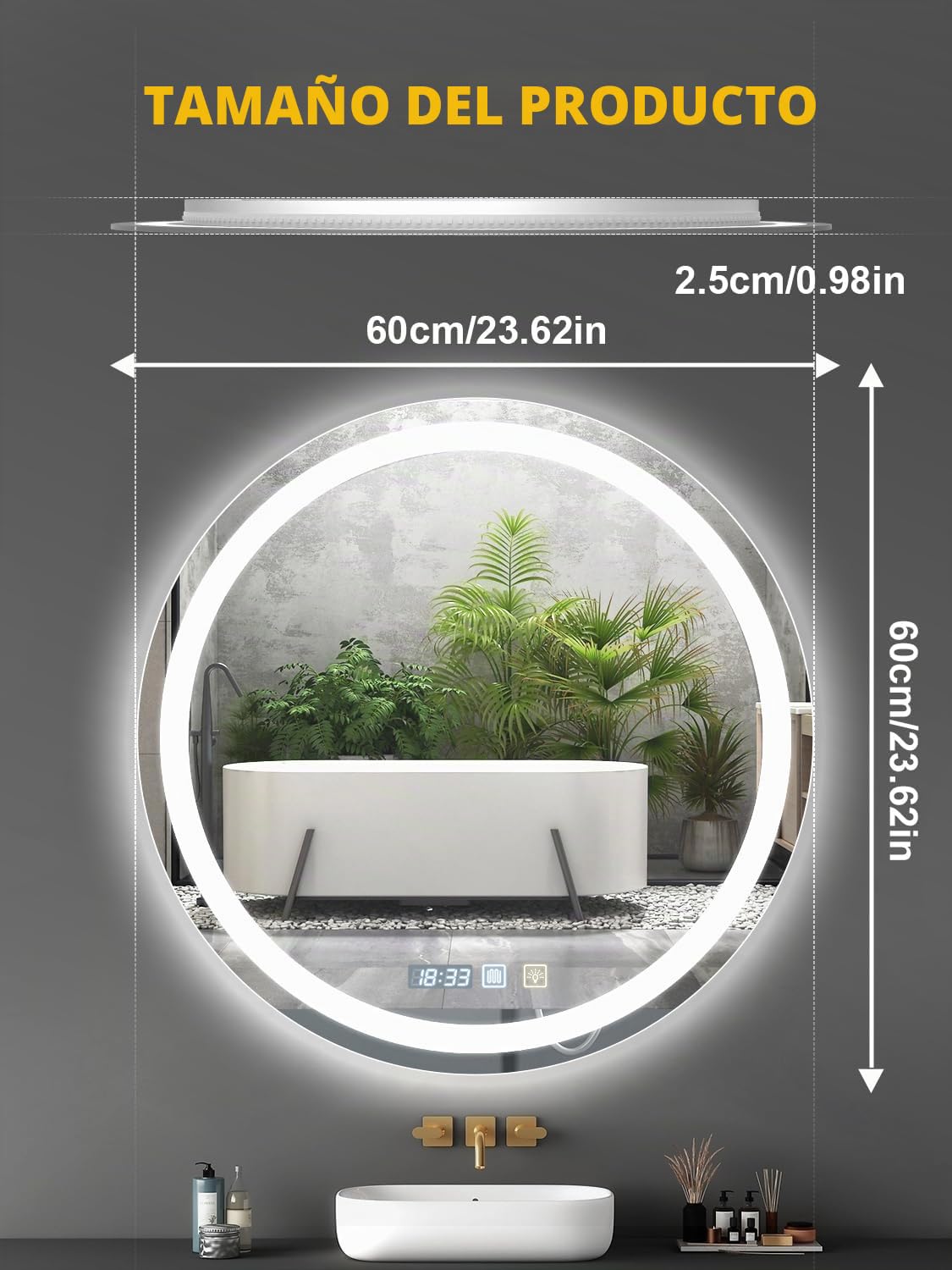 Bellanny Espejo Baño con Luz, 60cm Espejo Grande de Pared, 3000K/4500K/6500K Espejo-Baño-Antivaho, Espejos de Tocador | Regulable,Memoria,Reloj,Vidrio Templado HD,IP44 LED Espejos Retroiluminado Ronda
