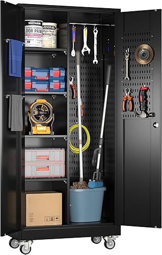 Miniatura 32 de SUXXAN Armario de Almacenamiento para Escobas, Gabinetes de Metal con 13 Ganchos y Barras Colgantes, Gabinete de Almacenamiento de Metal de 71",