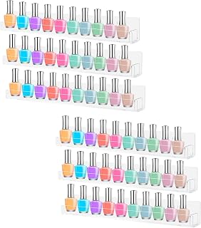 KisSealed Nail Polish Rack, 6 Pack Wall Mounted Shelf with Removable Anti-slip End Inserts, Clear Acrylic Floating Organizer Display for 60-90 Essential Oil Bottles, Eyeshadow, Lipstick, Beauty Salon