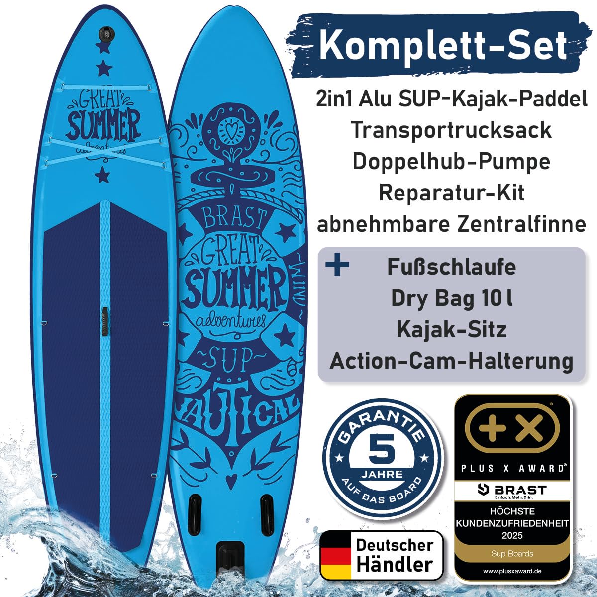BRAST SUP Board Primo Summer | Aufblasbares Stand up Paddle Set | 320x81x15cm | 10 Designs | inkl. Zubehör | Alu Paddel Fußschlaufe Hub-Pumpe Reparatur-Kit