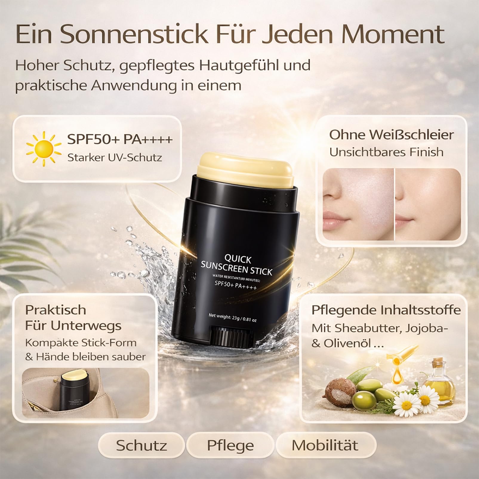 Sun Stick – krem przeciwsłoneczny do twarzy 50, filtr przeciwsłoneczny SPF 50+, niewidoczny kij przeciwsłoneczny, szybka ochrona przed słońcem LSF 50+, ochrona przed starzeniem się, ochrona przed