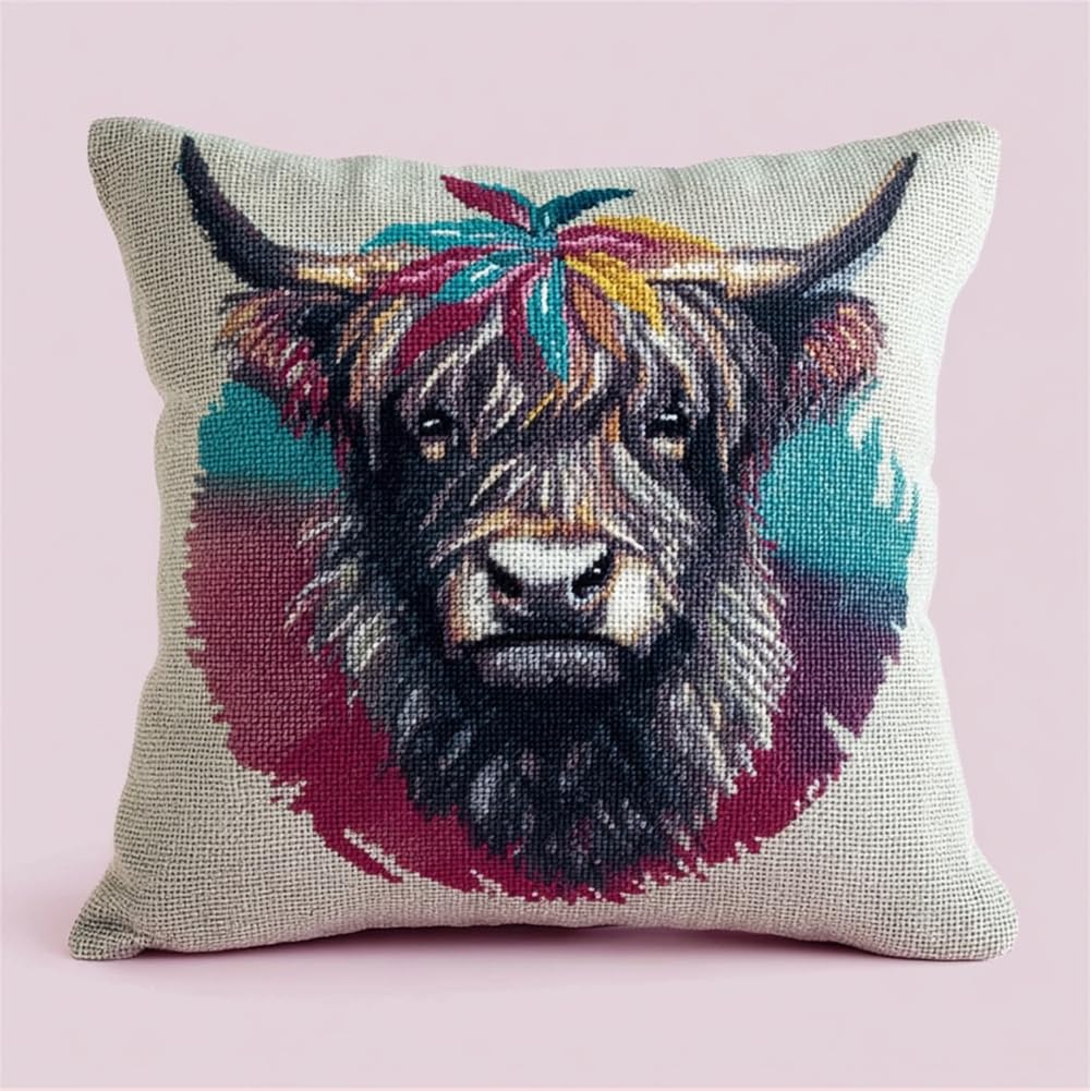 Stamped Cross-Stitch Kit W/Printed Tapestry Canvas — Highland Cow Rainbow 17.7X17.7In(45X45Cm) Stamped Cross-Stitch Cushion Embroidery Kits Set Beginners For Creative Home Décor — Needlework