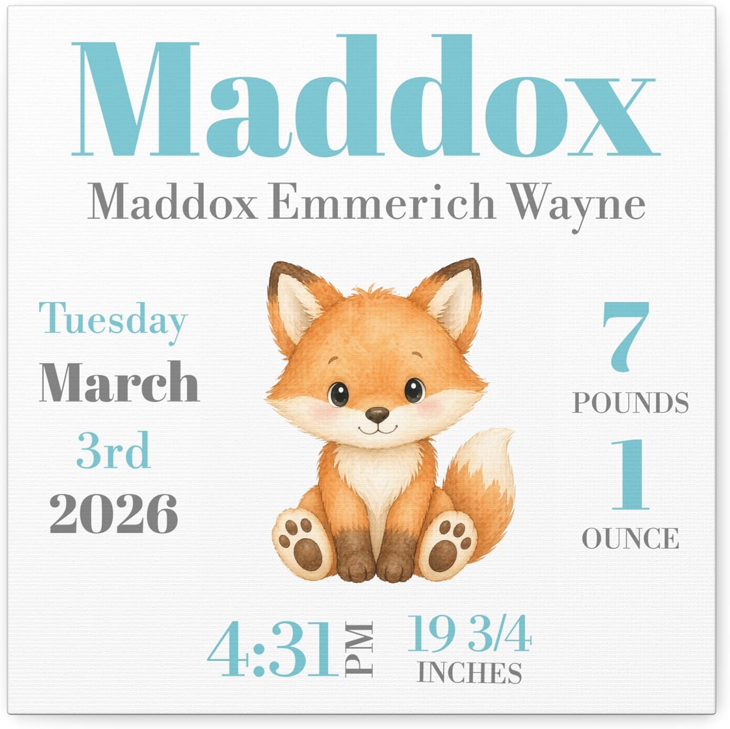 DesygnTheory - Personalized Baby Birth Stats Canvas, Custom Birth Announcement Wall Art Keepsake Gift, Baby Fox Design