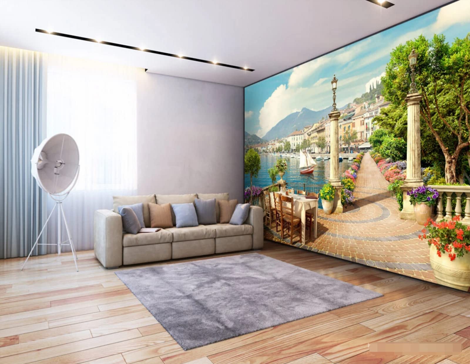 Carta Da Parati 3D Giardino Balcone Piccola Città Lago Carta Da Parati Camera Letto Moderna Fotomurali 3D Gigante Murale Decorazione