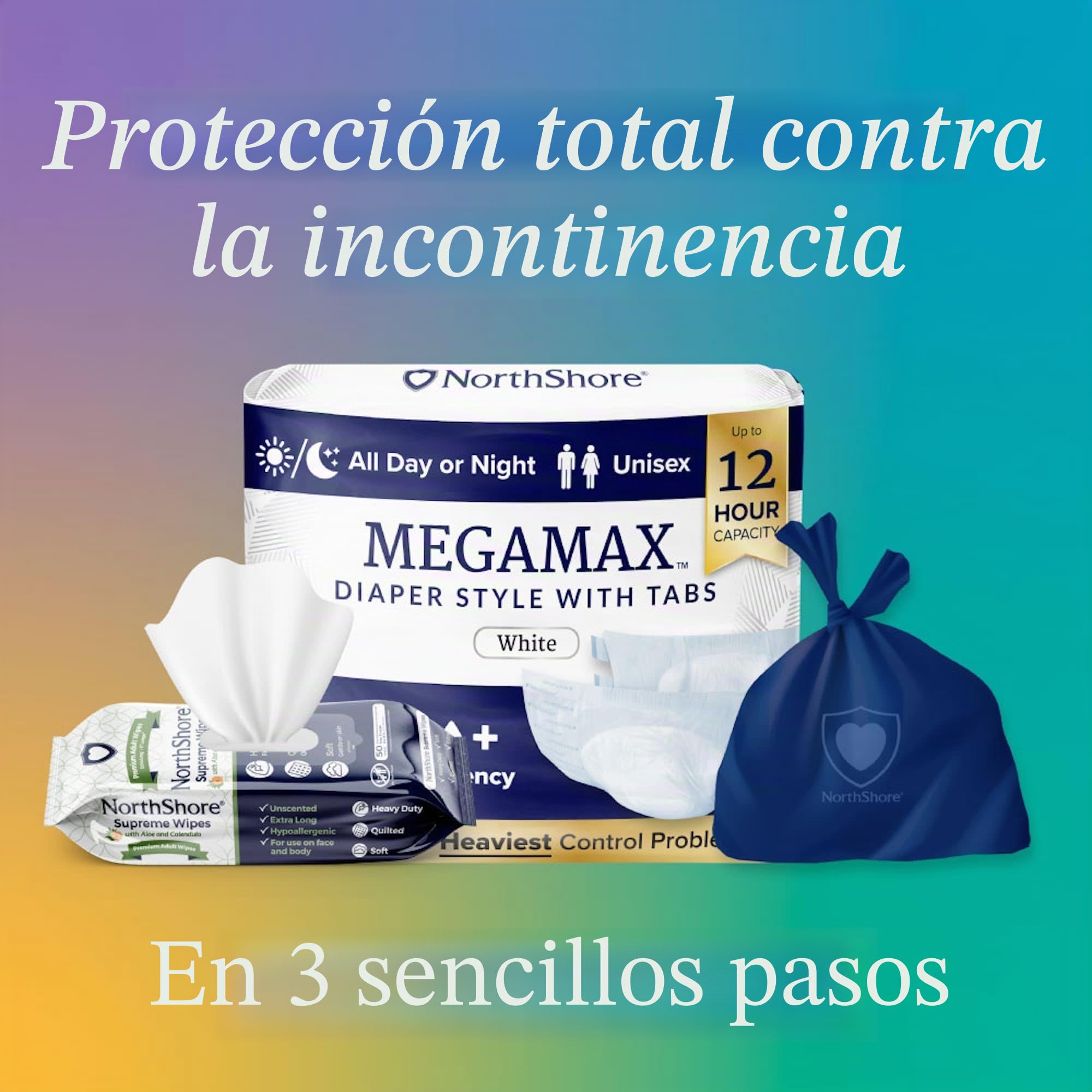 NorthShore MegaMax - Pañales para adultos HBL de 12 horas para pérdida de vejiga pesada, talla S, 40 unidades, blanco, 61-86 cm, ropa interior para incontinencia con pestañas para hombres, mujeres y