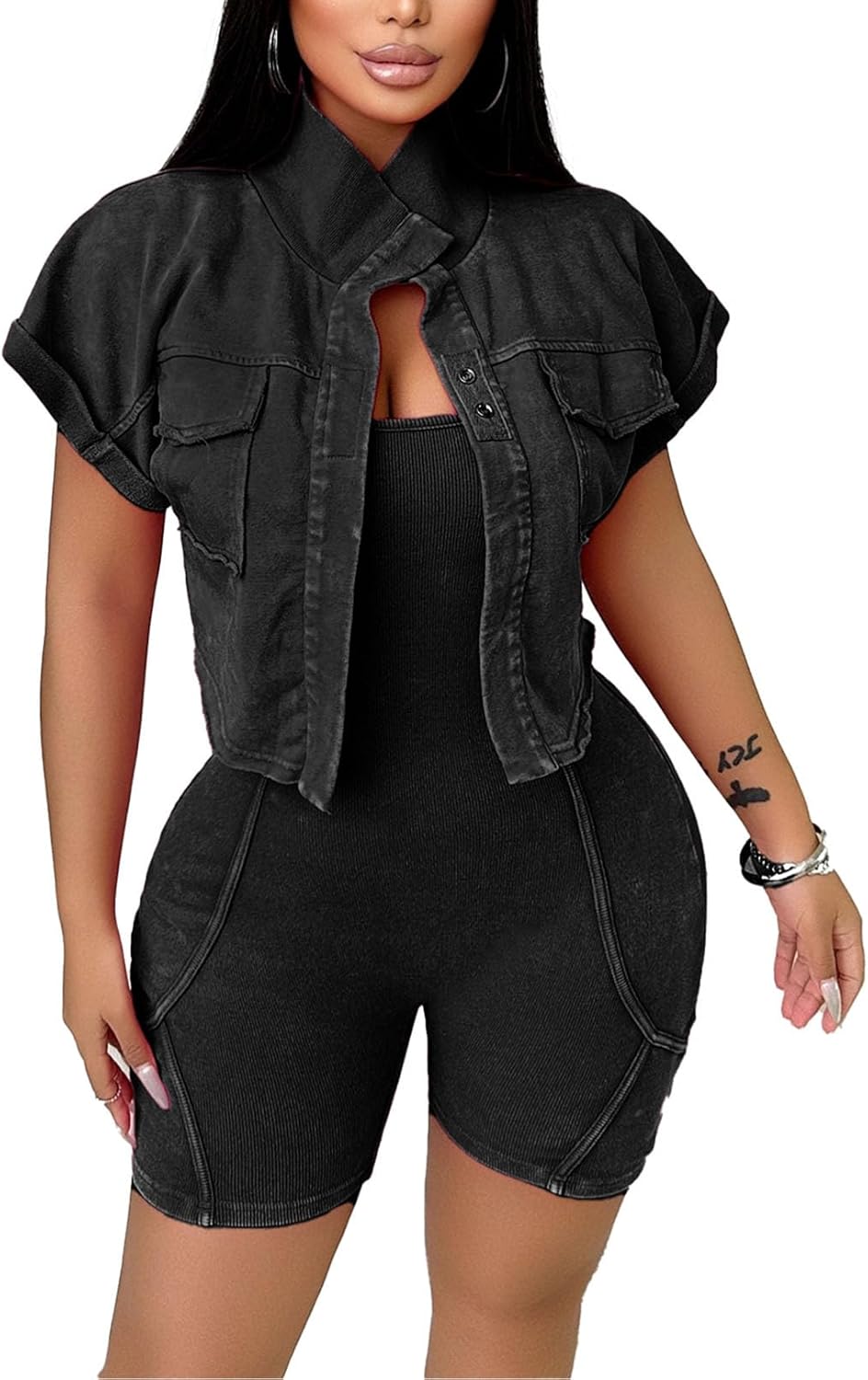 Women's Workout Jumpsuits Two Piece Ribbed Square Neck Yoga Romper Short Sexy Bodycon Bodysuits Summer Outfits - Image 4