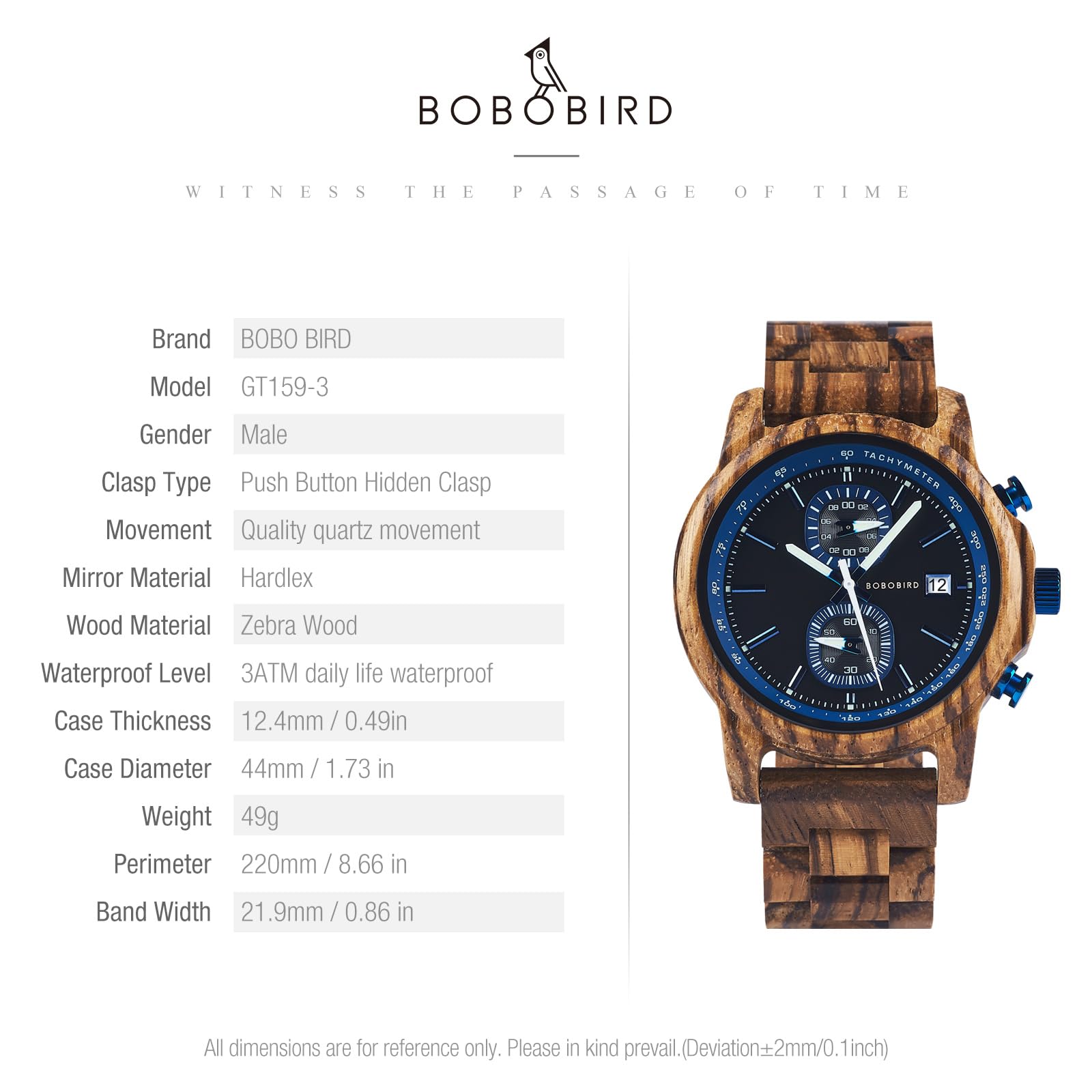 BOBO BIRD Orologio in legno per uomo e donna, ultra leggero, 50 g, lancette luminose, cronografo, data, casual, regalo aziendale