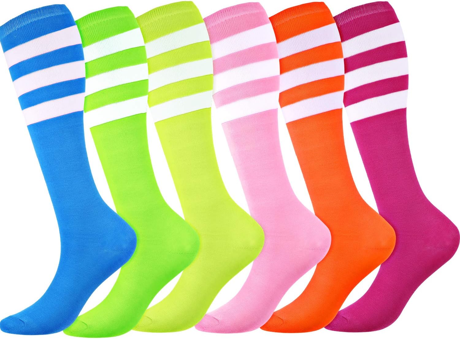 6 Pairs Neon Knee High Socks Stretchy Roller Skate Socks for Women, Men, Soccer Softball Team Sports