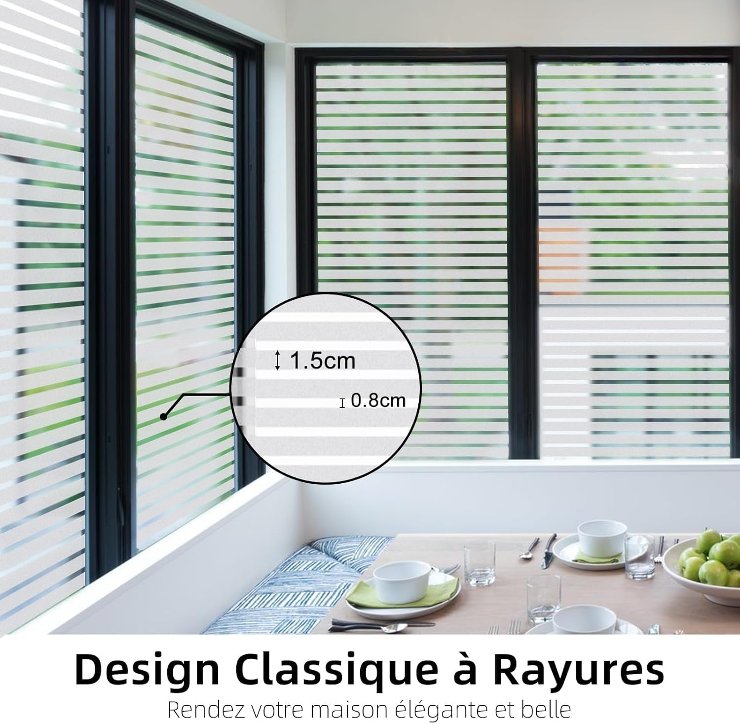 Film Fenetre Anti Regard Motif à Rayures Brise Vue Fenetre 90 x 400cm | motif à rayures classiques, électrostatique, anti UV, réutilisable, pour maison, bureau, cuisine, portes