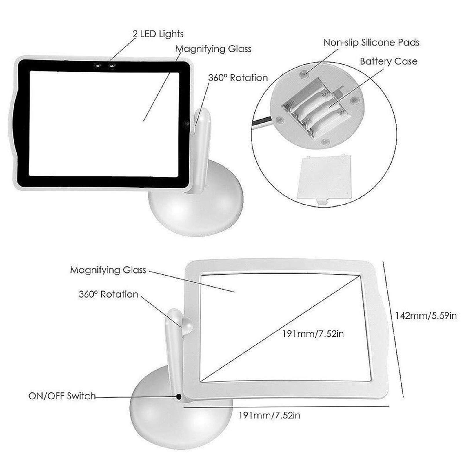 Lupa de Mano con luz LED 3X, Soporte Iluminado y lámpara de Lectura para Mesa de Escritorio, Lupa Rectangular para Lectura, reparación, Costura, Pasatiempos y Manualidades
