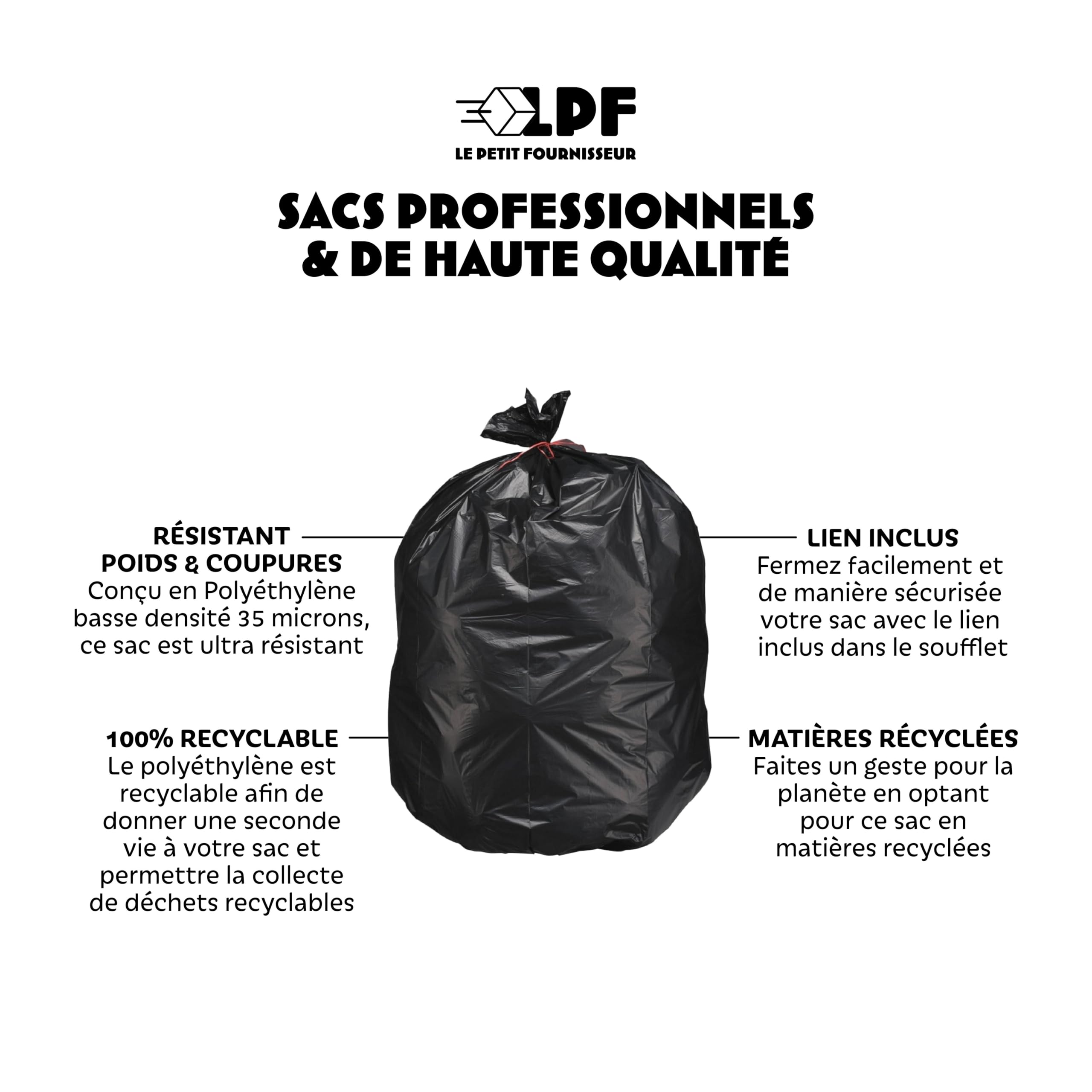 LPF LE PETIT FOURNISSEUR - Lot de 200 Sacs Poubelle 50L - Sacs Grand Volume - 100% Recyclable - 35µ - PEBD recyclé - Qualité Professionnelle - Haute Résistance poids et objets coupants - Couleur Noir