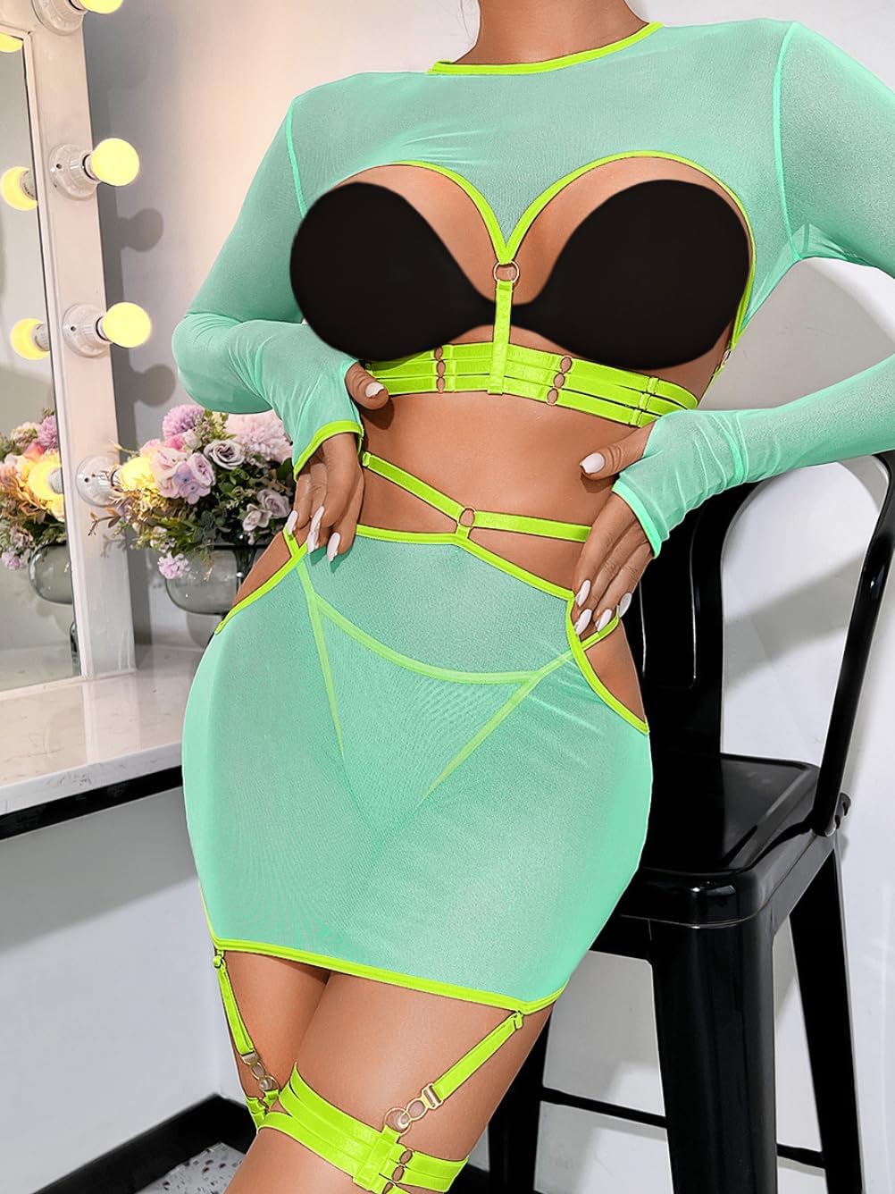 Kaei&Shi Strappy Lingerie,Sheer Mesh Long Sleeve High Waisted Lingeries Skirt Set,Rave Outfits For Women Sexy Festival