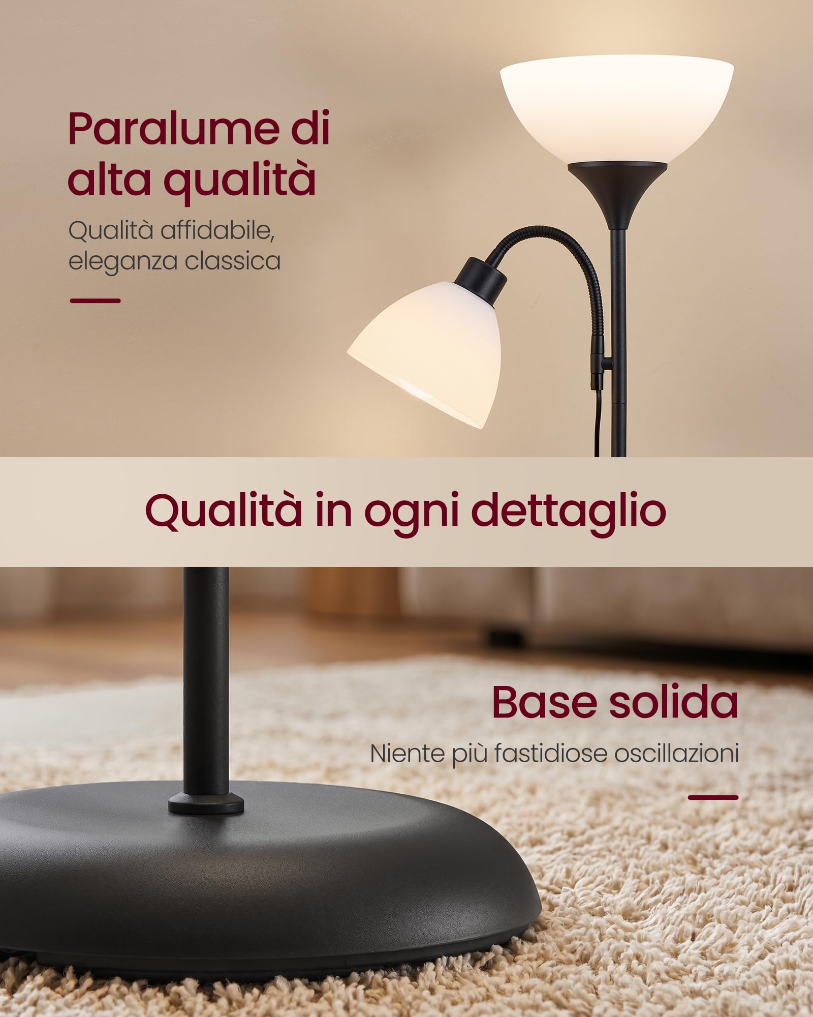 VASAGLE Lampada da Terra con Lampada da Lettura, Piantana in Ferro con Braccio Regolabile, 38,5 x 23,5 x 176 cm, Nero Opaco, per Soggiorno e Ufficio, Collezione Lusia LFL019B202