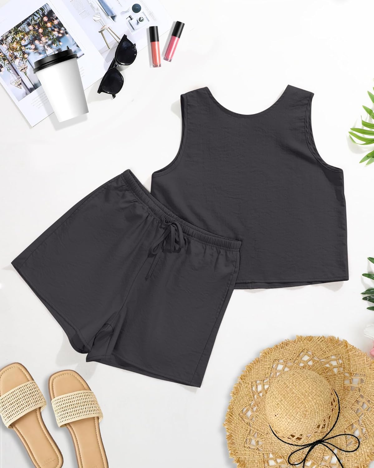 Ficerd Women's Summer 2 Piece Outfits Sets Cotton Linen Sleeveless Crop Top Tank and Drawstring Casual Shorts with Pocket - Image 6