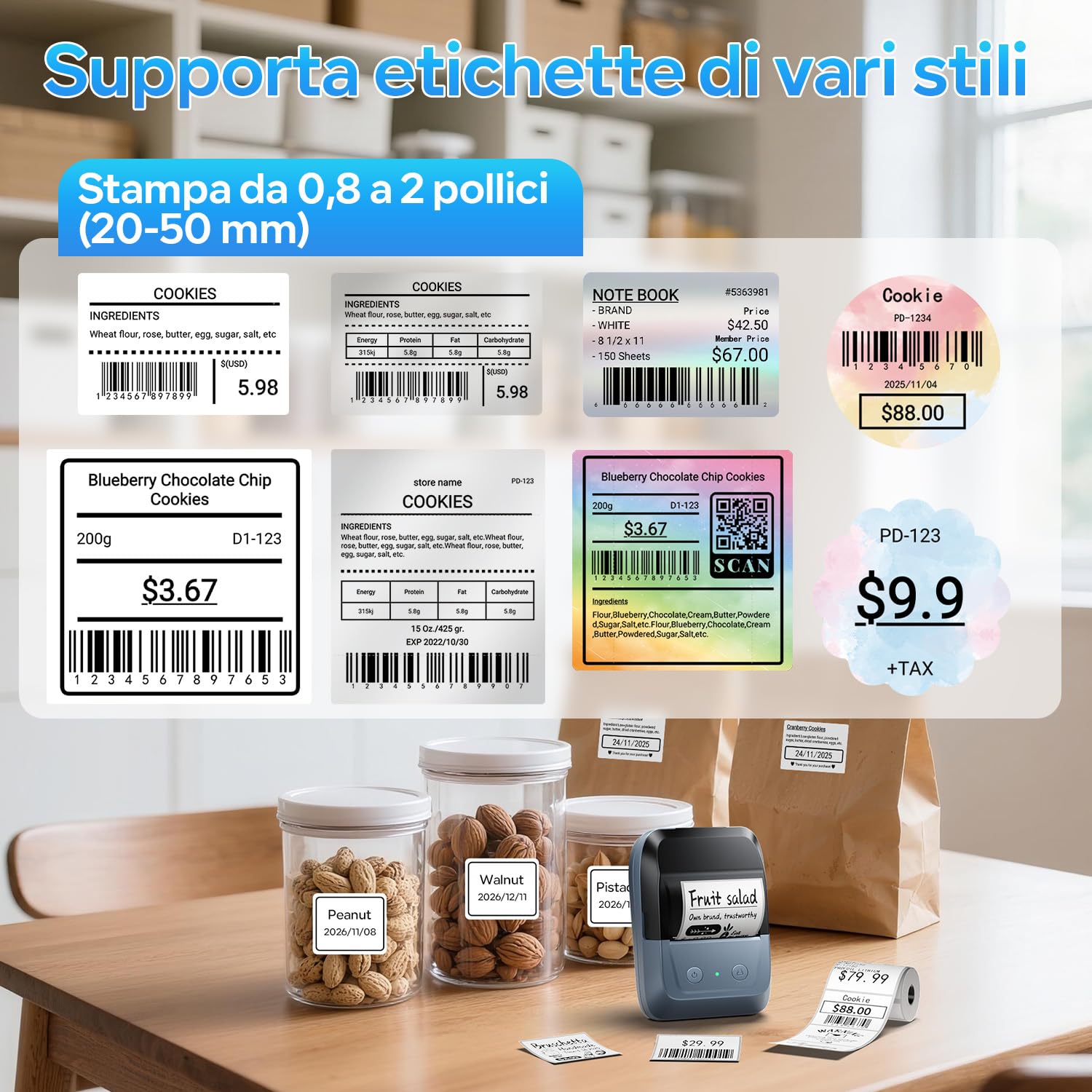 Memoking Etichettatrice Bluetooth: Stampante Etichette Adesive Con 2000 Simboli E 300 Modelli. Compatta Stampante Termica Etichette Per Negozio, Scuola, Casa Cucina; Compatibile Con iOS Android e PC