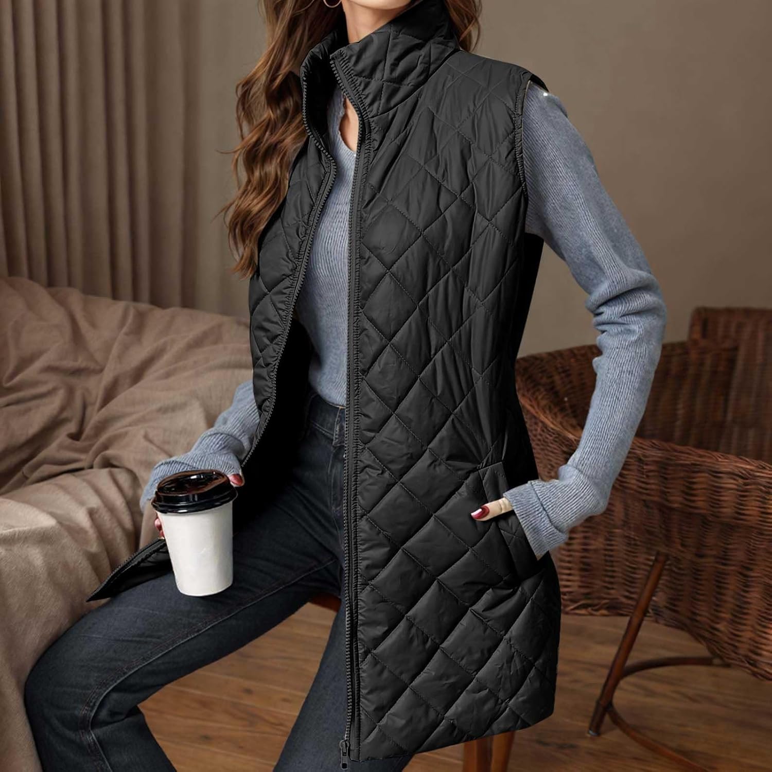 Puffer Vest Women Long Trendy Plain Sleeveless Quilted Jacket Zip Up Lightweight Warm Padded Gilet Coat Outerwear - Image 6