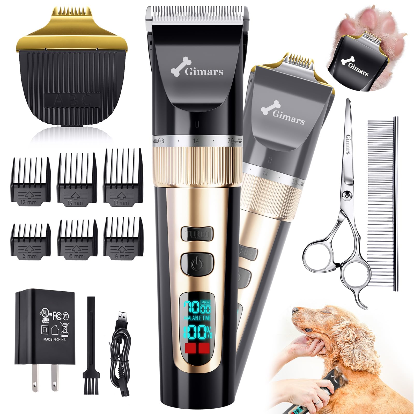 Gimars 4 in 1 Dog Grooming Clippers with Small Trimmer, 7000RPM High-Power 4-Speed Quiet Pet Shaver (≤55dB), Cordless Rechargeable Dog Hair Clippers for Thick Coats with Scissors, Comb & USB
