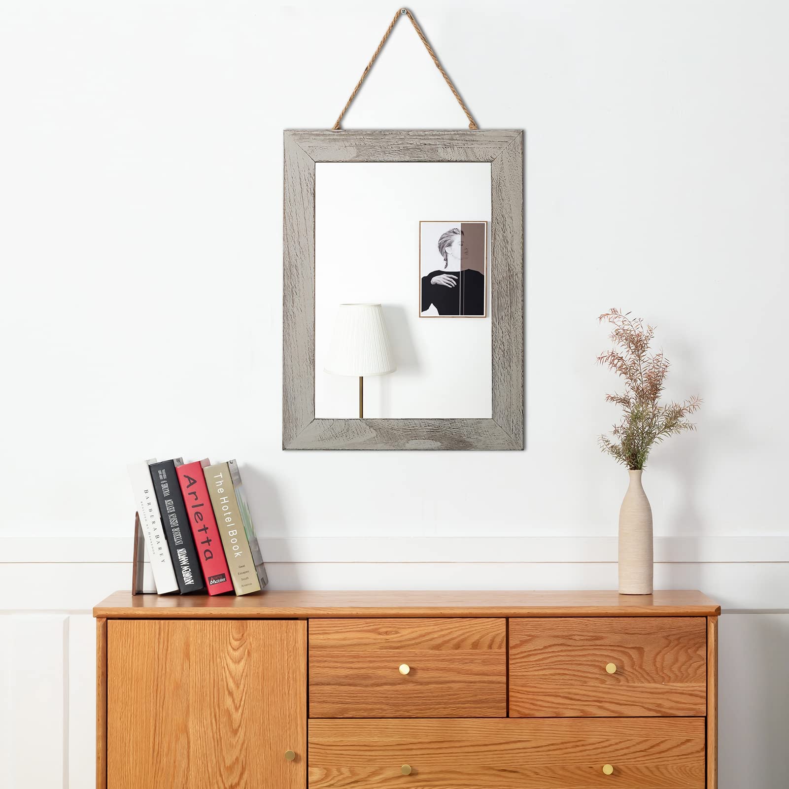 YOSHOOT Rustic Mirror Wall Mounted, Natural Wood Frame Vanity Mirrors with Hanging Rope, Decorative Farmhouse Mirror for Bathroom, Bedroom, Living Room Décor (40x30, Grey)