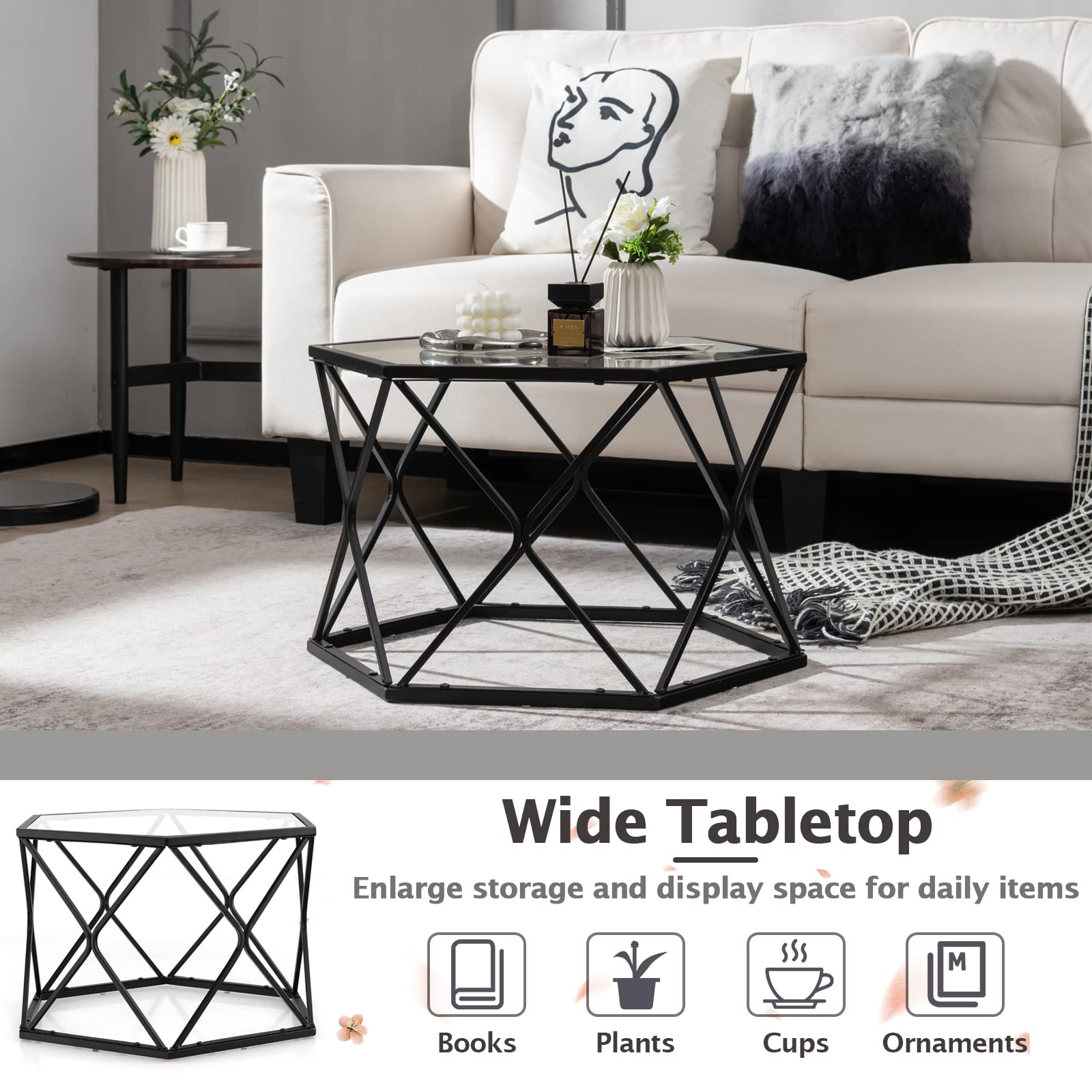 Giantex Hexagonal Glass Coffee Table, End Table w/Tempered Glass Giantex Hexagonal Glass Coffee Table, End Table w/Tempered Glass