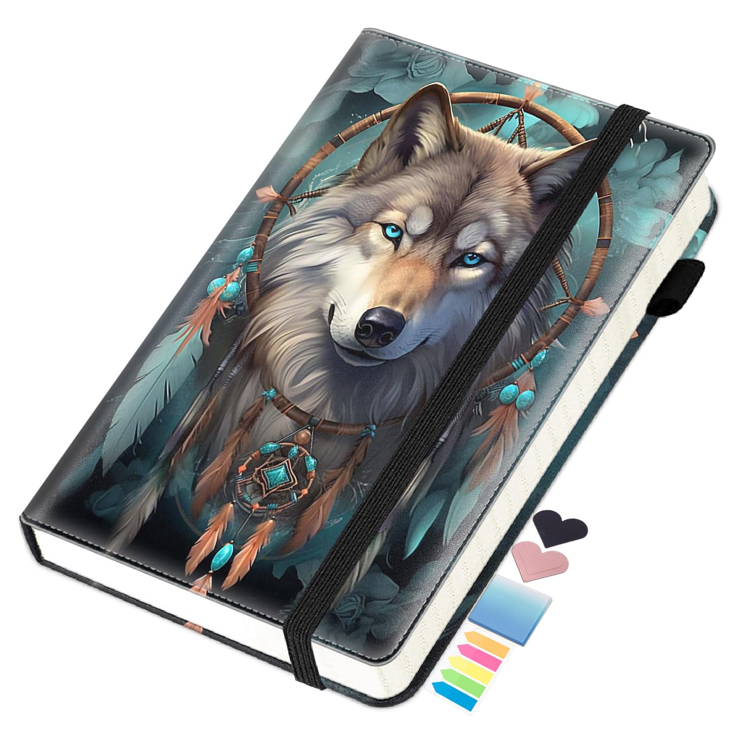 Journal Notizbuch, A5 liniert Notizbuch zum Schreiben 200 Seiten 100GSM Dickes Papier, Hardcover Leder Business Tagebuch Notizblock für Arbeit und Schule College Liniert Notizbuch, Traumfänger - Wolf