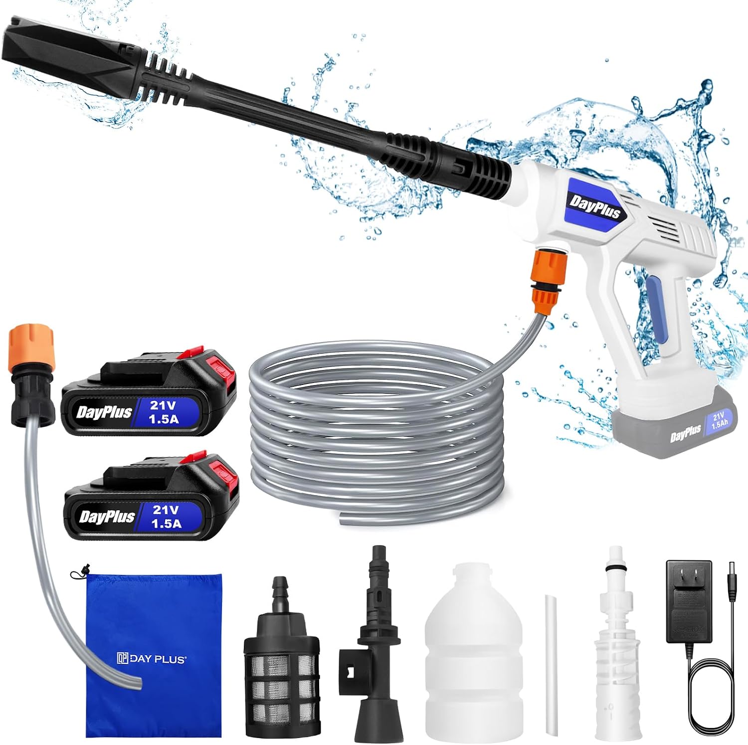 Battery Pressure Washer 21 V Portable Pressure Washer Gun with 2 Batteries and Quick Charger 45 Bar Mobile High Pressure Water Gun Brushless 6-in-1 Nozzle 5 Metre Hose Car/Garden Cleaning