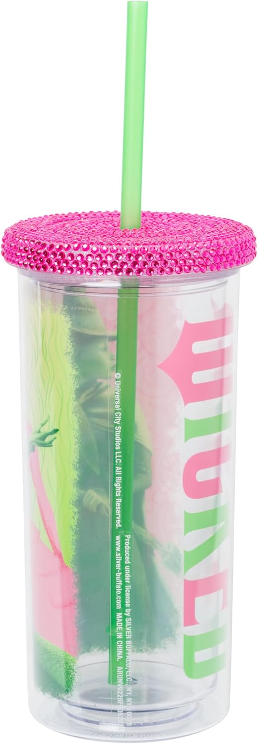 Silver Buffalo Wicked Core Elphaba and Glinda Split Patterns Rhinestone Lid 20oz Plastic Tall Cold Cup w/Lid and Straw - Image 3