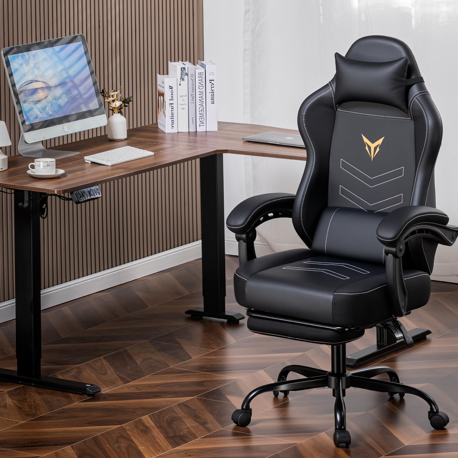 SYMINO gamingstoel, ademende en ergonomische bureaustoel voor pc, verstelbaar en draaibaar, met voetsteun, blauw | Gamingstoelen