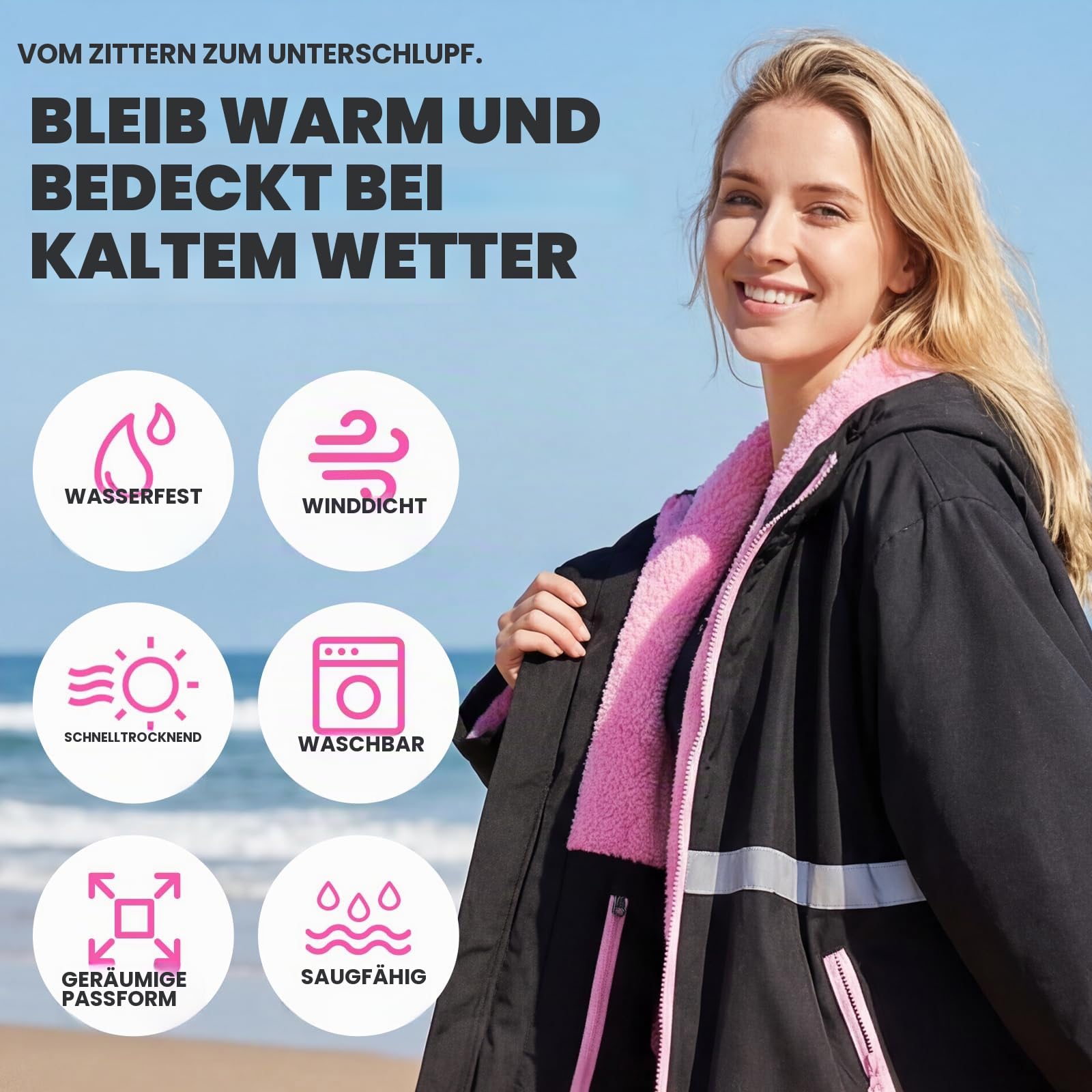 Owntop Wasserdichter Wickelmantel Für Erwachsene Kinder, Winddicht Übergroßer Changing Robe Wechselrobe Mit Plüschgefüttert Für Strand Surfen Schwimmen Gassigehen