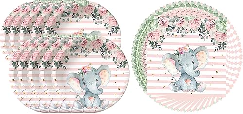 Miniatura 5 de Elefante Baby Shower, suministros de fiesta de cumpleaños de elefante rosa, 20 platos y 20 servilletas, decoración de fiesta de cumpleaños temática