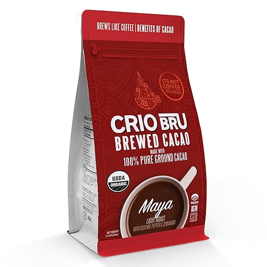 Crio Bru Maya Light Roast | Organic Healthy Brewed Cacao Drink | Great Substitute to Herbal Tea and Coffee | 99% Caffeine Free Keto Whole-30 Low Calorie Honest Energy | Brew and Enjoy Hot or Iced (10oz)