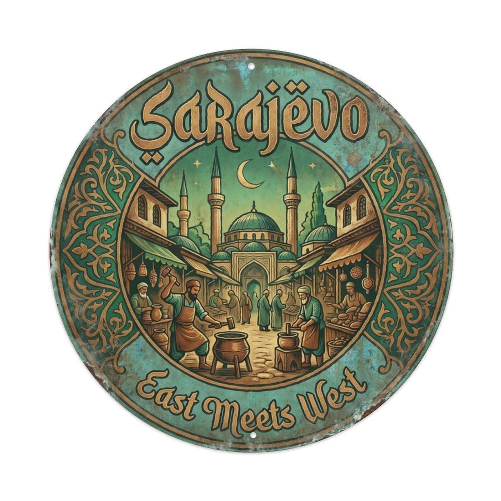 Vintage Sarajevo Mosque Old Town Folk Round Metal Sign Vintage Aluminium Metal Sign, Retro Wall Decor for Home, Bar, Garage & Farmhouse 20x20cm