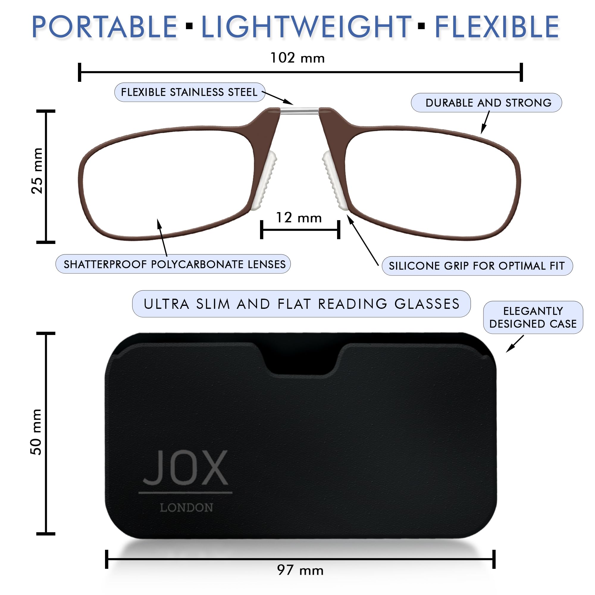 JOX Nose Reading Glasses with Compact Case, Slim Nose Reading Glasses to stick on the mobile phone, Flex-Fit Technology - Image 3
