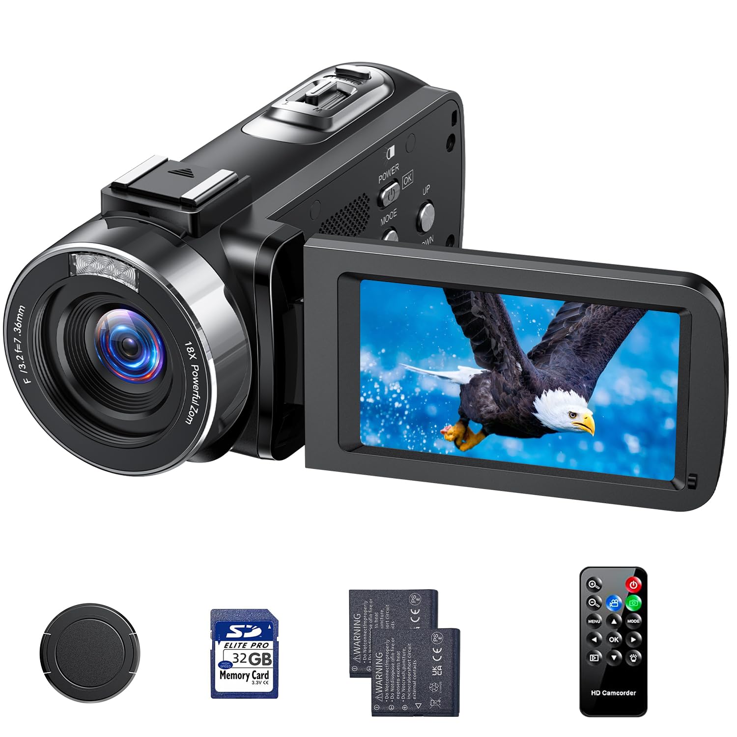Video Camera Camcorder 4K 42MP with 3.0 Inch 270°Rotation Screen 18x Digital Zoom Vlogging Camera for YouTube Remote Control with 2 Batteries 32GB Card, BLACK