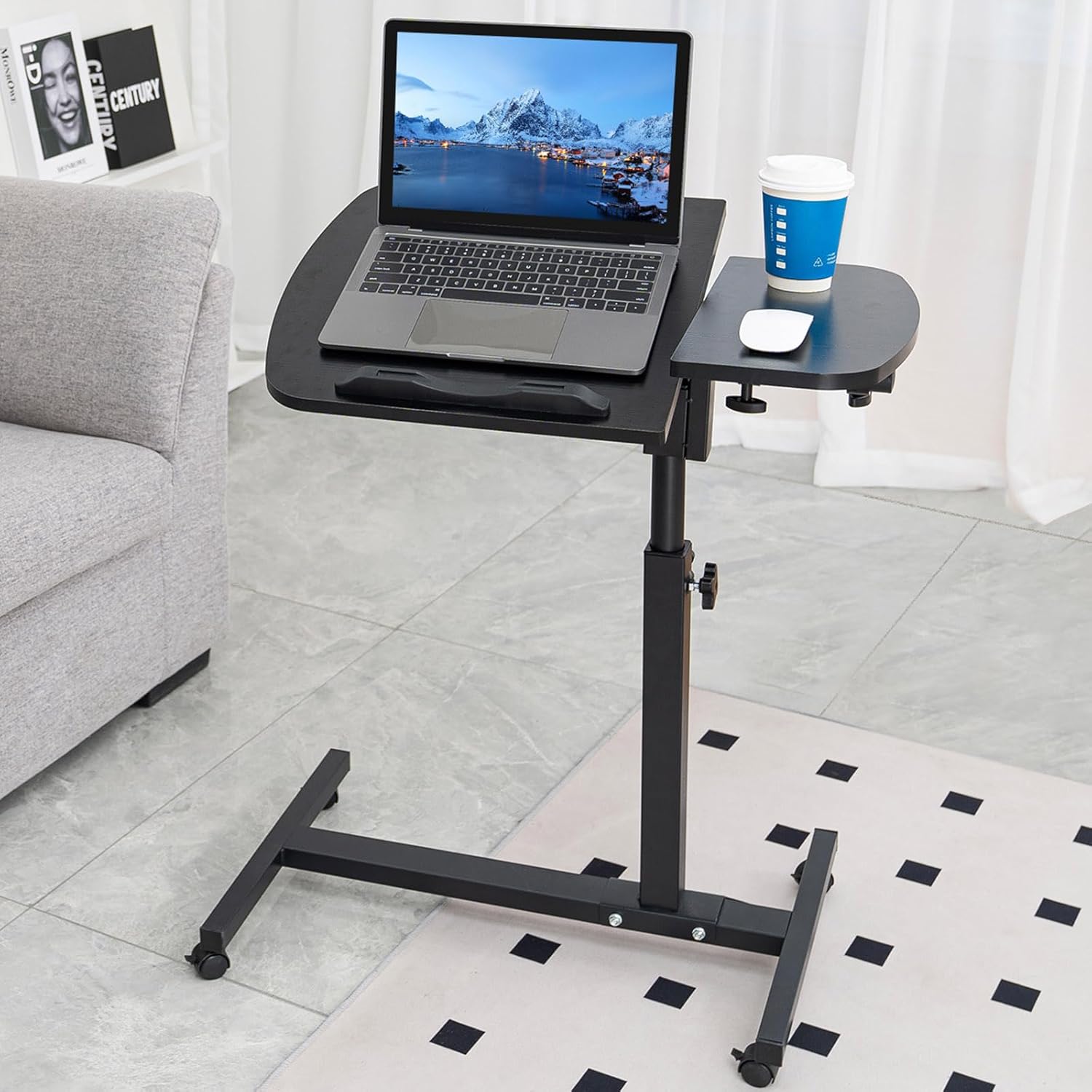 Overbed Bedside Table with Wheels, Adjustable Overbed Table with Tilting Desktops, Rolling Laptop Table, Overbed Desk, Hospital Bed Table, Mobile Standing Desk for Laptop Bed Sofa Side Table (Black)