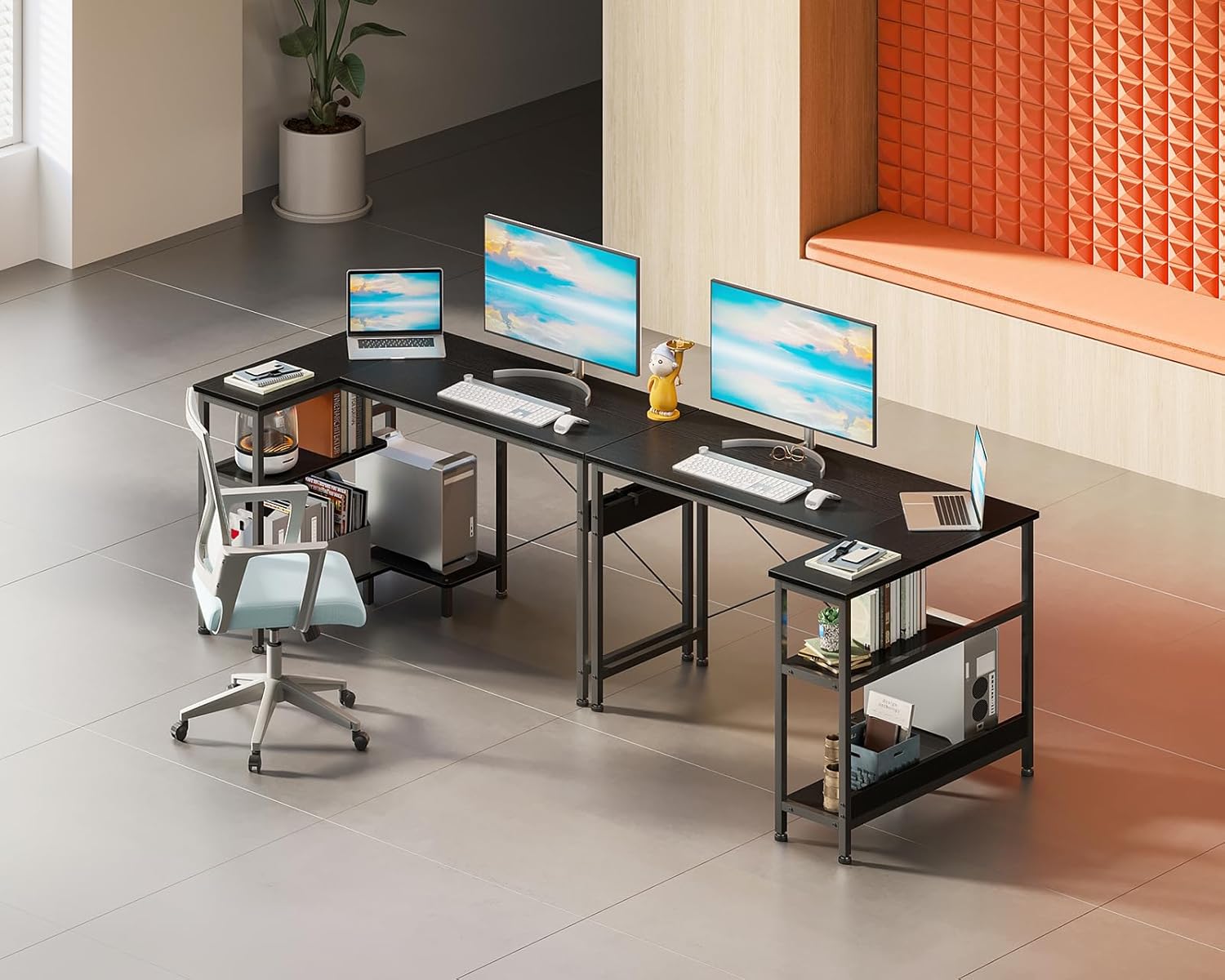 Two ODK L-shaped desks combined to form a larger workstation for two people.