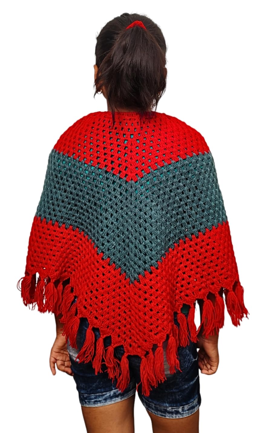 NILU CRAFT Girl Poncho Hand Knitted by Wool (13 to 14 Year, Grey and Red) - Image 3 thumbnail