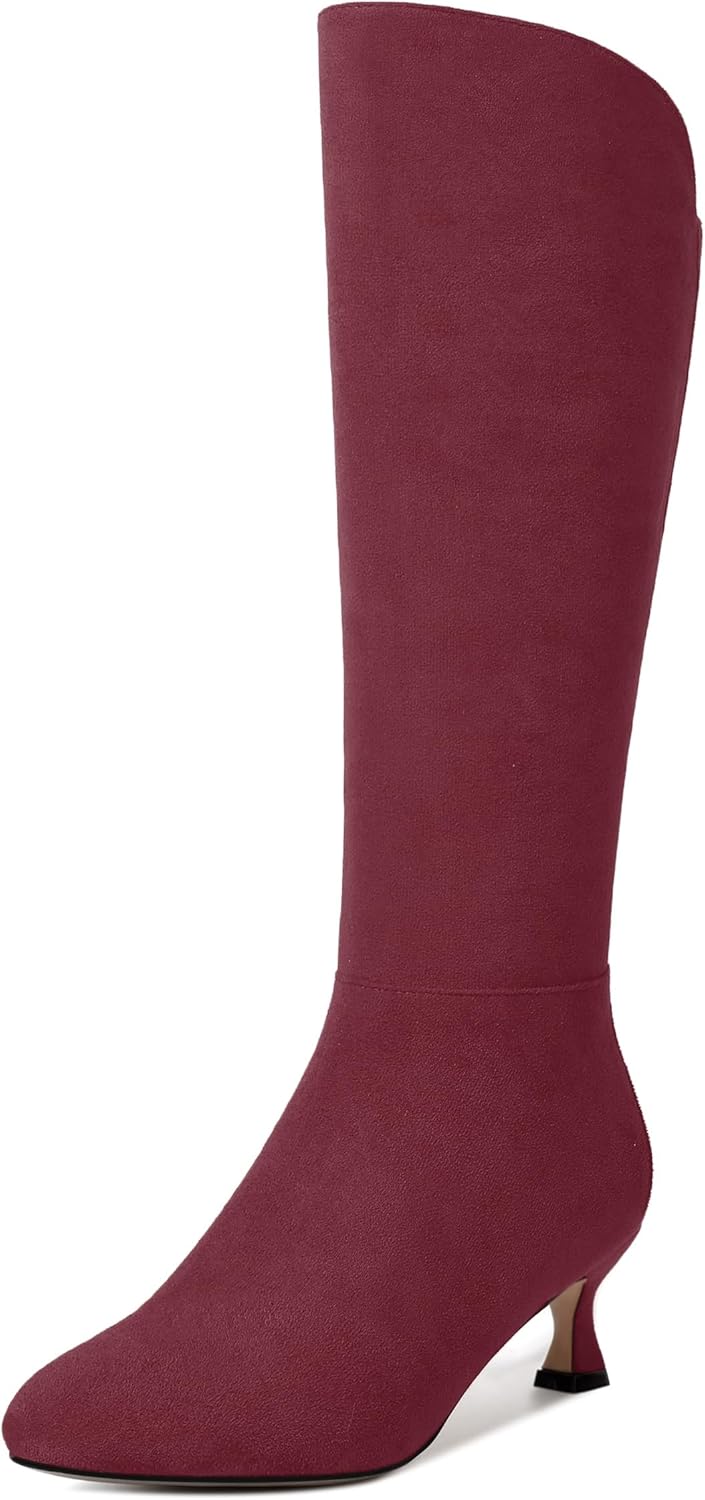 SKYSTERRY Womens Dress Zip Suede Evening Round Toe Kitten Low Heel Knee High Boots 2 Inch