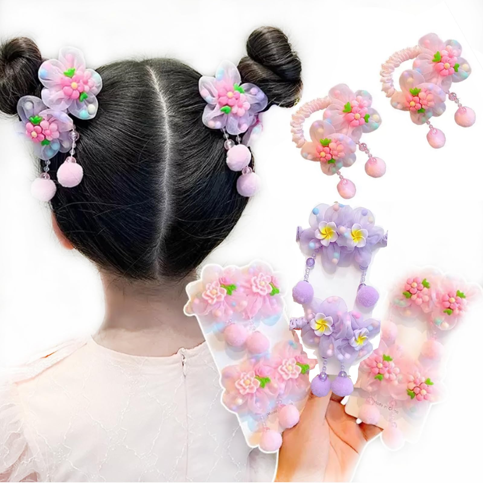 6pc Kids Colored Elastic Hair Ties with Cute Floral Tassels Hair Bows Ties for Ponytail Hair Accessories for Kids Girls (3 Pairs, Pink, Pink, Purple)
