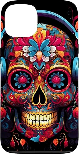Vista 7 de iPhone 13 Pro Max Calavera Calavera Calavera Sugar Skull con auriculares - Funda temática musical