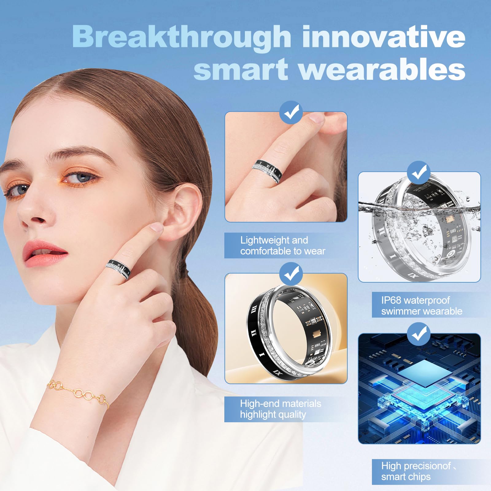 Anello Smart Health con diamanti incastonati per uomini e donne, fitness tracker con frequenza cardiaca, ossigeno nel sangue, pressione sanguigna, conteggio dei passi, monitoraggio del sonno