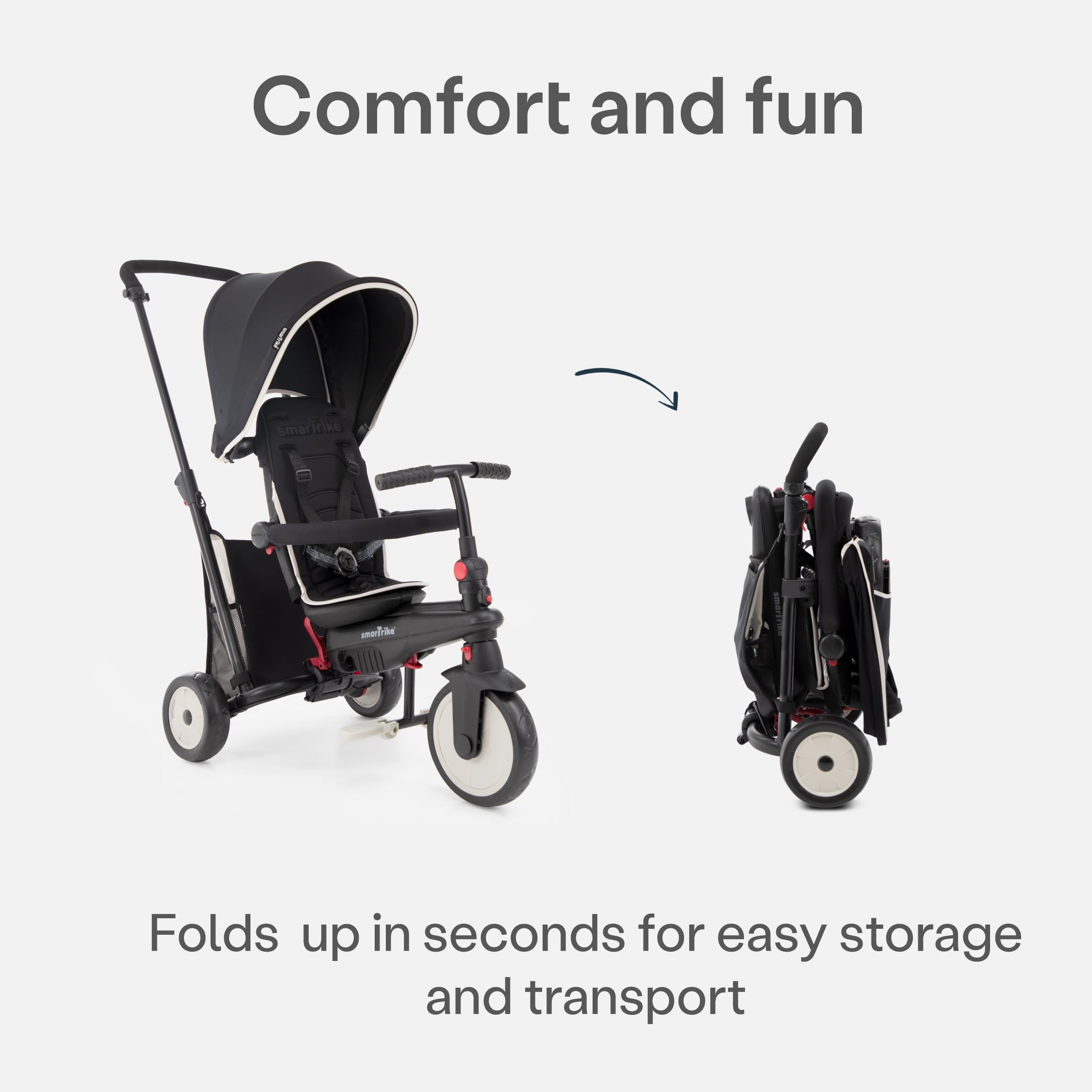 Smat Trike - TRICICLO PIEGHEVOLE 6IN1 CON SCHIENALE RECLINABILE, MANIGLIONE DIREZIONALE ED ALLUNGABILE E AMMORTIZZATORI BREVETTATI: SMARTRIKE STR3 PER BAMBINI DAI 10 MESI AI 3 ANNI – NERO