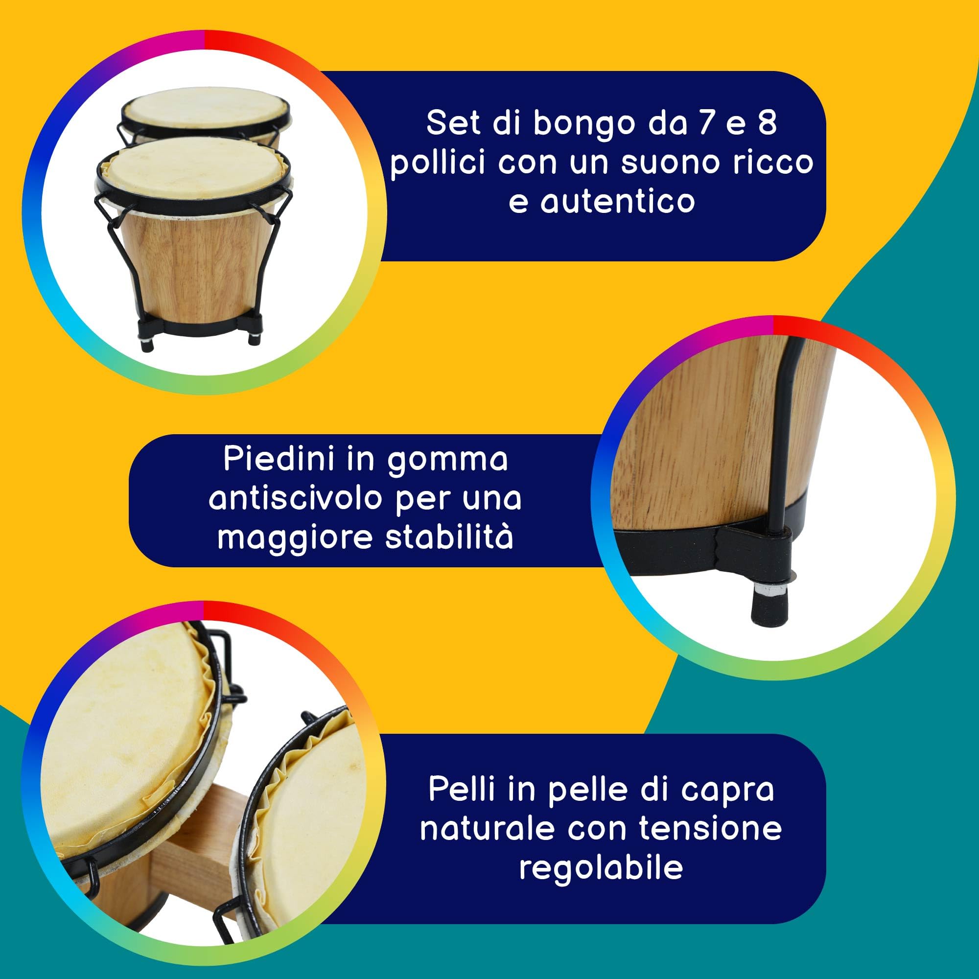 A-Star Set di tamburi Bongo da 7" pollici e 8" pollici - Legno massello con pelli in pelle naturale e chiave per accordatura