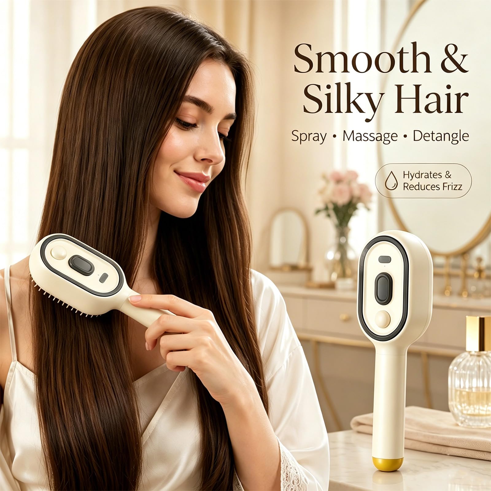 Brosse à cheveux électrique massante avec coussin d'air et brumisateur, 2 en 1, démêlante et brumisatrice avec poils rétractables, utilisable sur cheveux secs ou mouillés (White,1)