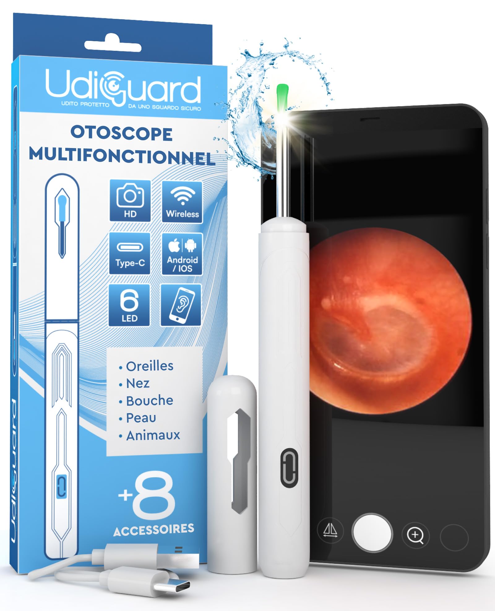 Otoscope Oreille avec Caméra 1920p 3,6mm Étanche WiFi Elimination du Cérumen - UdiGuard Endoscope Nettoyant Oreille Compatible avec iPhone iPad Android Blanc - 6 Lumières LED pour Adultes Enfants