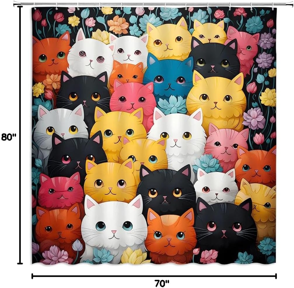 Funny Cat Shower Curtain Cute Colorful Cartoon Kitten Floral Lovely Animal Pattern Pets Lover Bathroom Decor Fabric Curtains with Hook 80Wx70H Inches