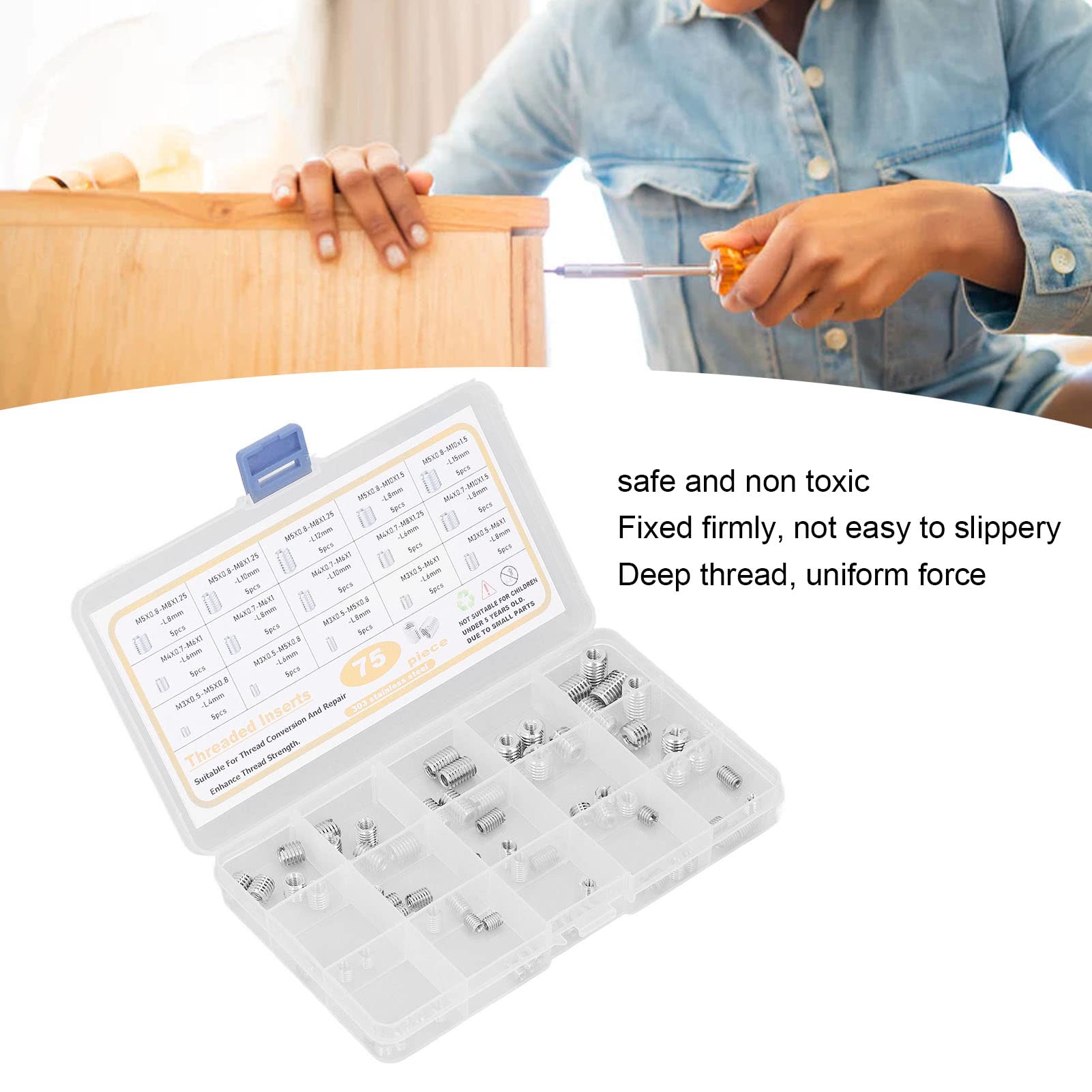 ANKROYU 75PCS Insert Nuts, Stainless Steel Threaded Insert Silver Wear Resistant, Threaded Insert Nut, Internal Thread Nut for Wood, Thread Locking Inserts