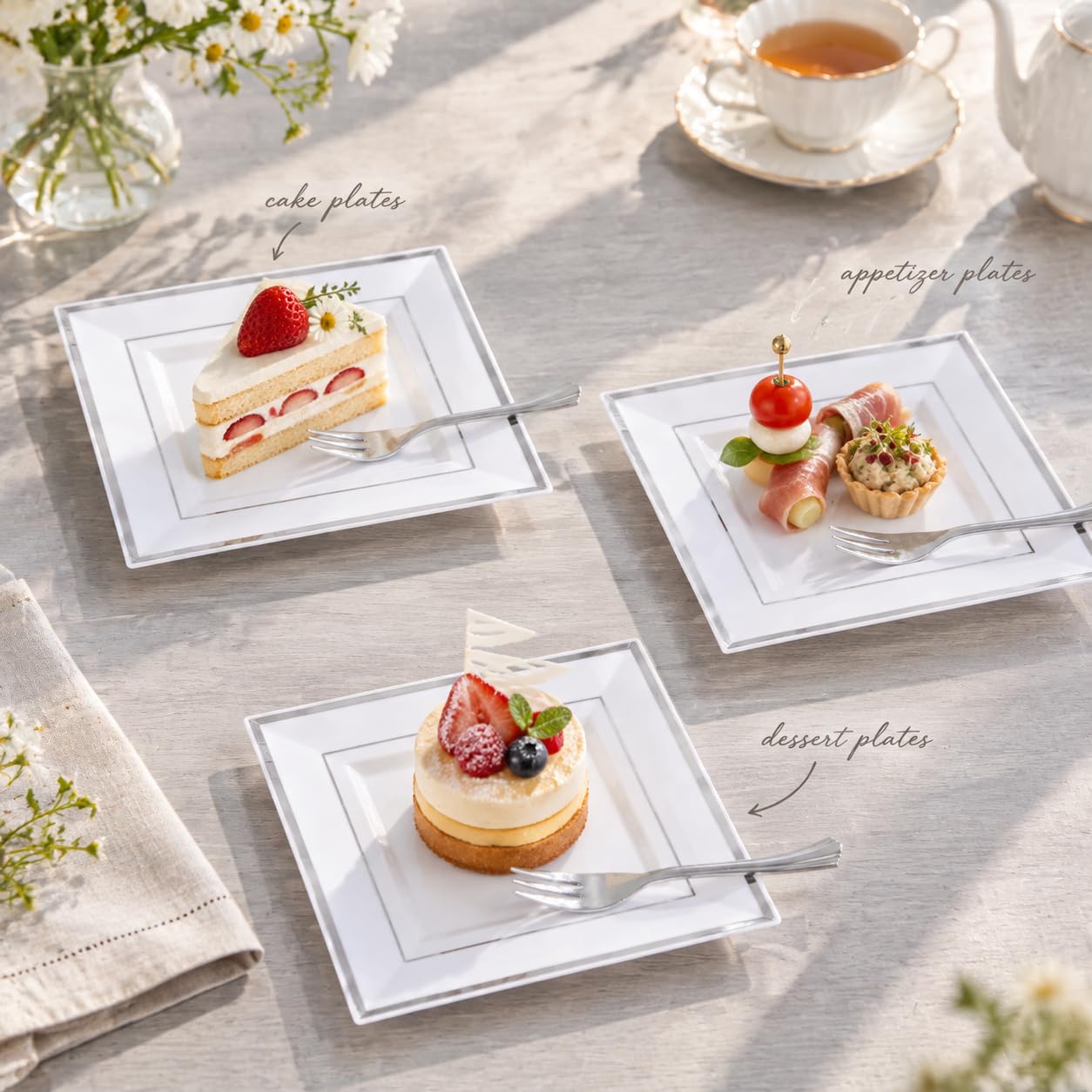 Silver Dessert Plates & Forks - 100 Pack for Parties -4 Silver Dessert Plates & Forks - 100 Pack for Parties -4