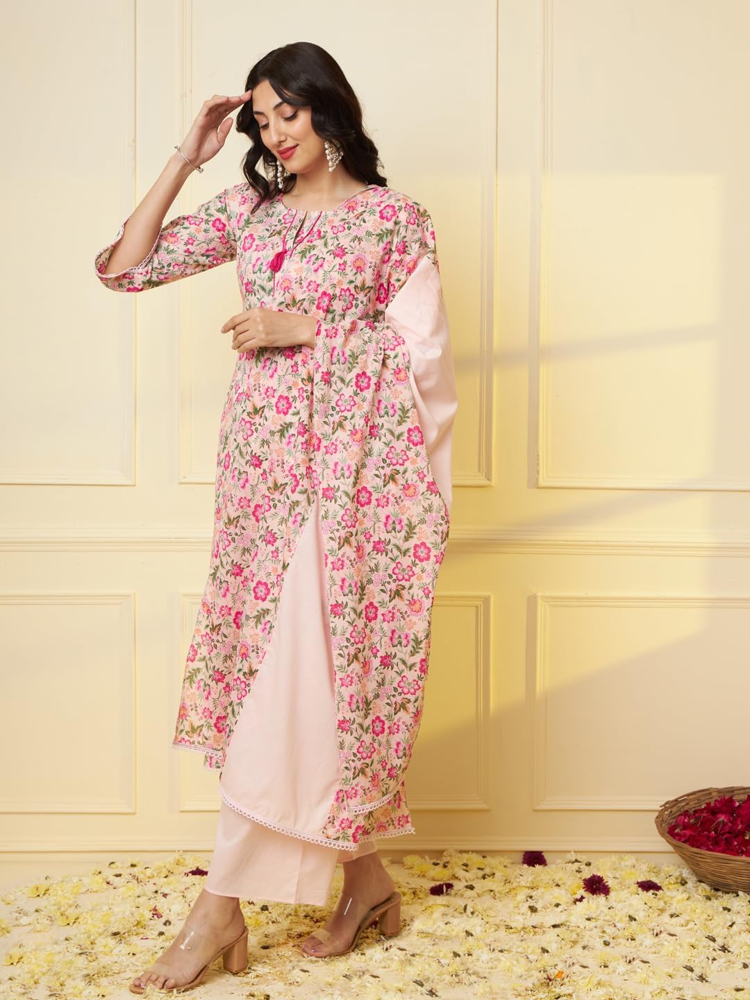 Tissu Women's Pink Floral Printed Pure Cotton Kurta & Palazzo With Dupatta