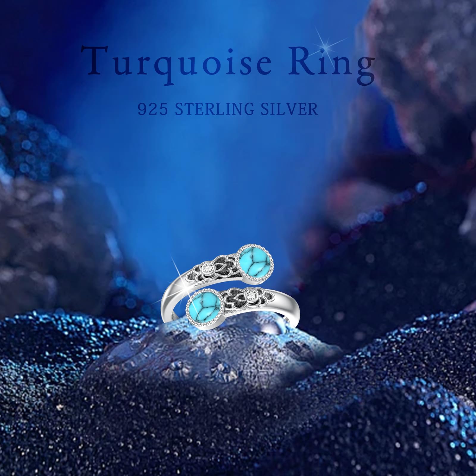 Anillos de turquesa de plata de ley 925, anillos de doble piedra, vintage, floral, ajustable, turquesa, regalo para mujer, Plata de ley, Turquesa
