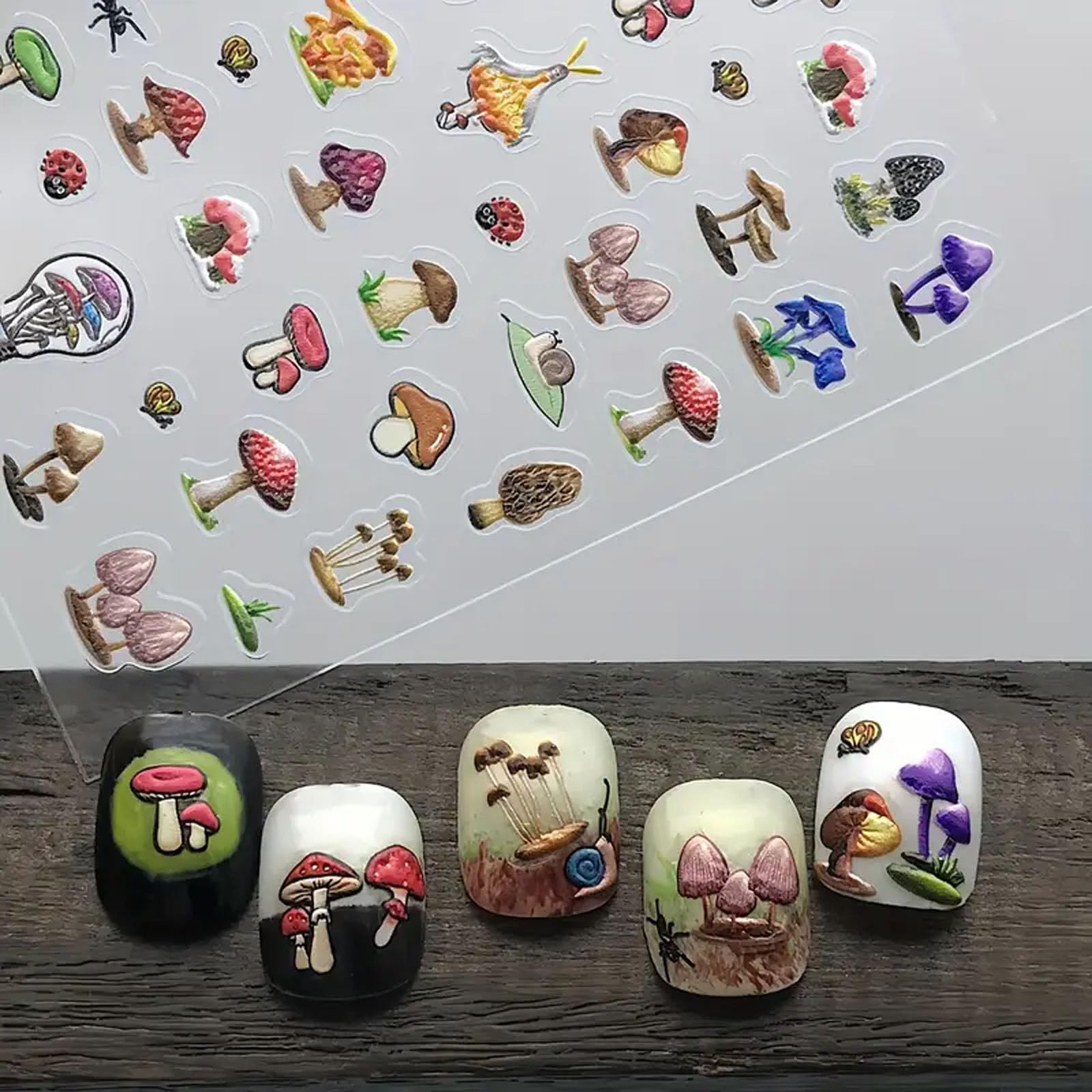 Cute 5D Embossed Snail Mushroom Nail Stickers - Self-Adhesive Nail Art Stickers for DIY Nail Decoration - Spring/Summer Fresh Mushroom Garden Nail Decals - Perfect for Women's Nail Art